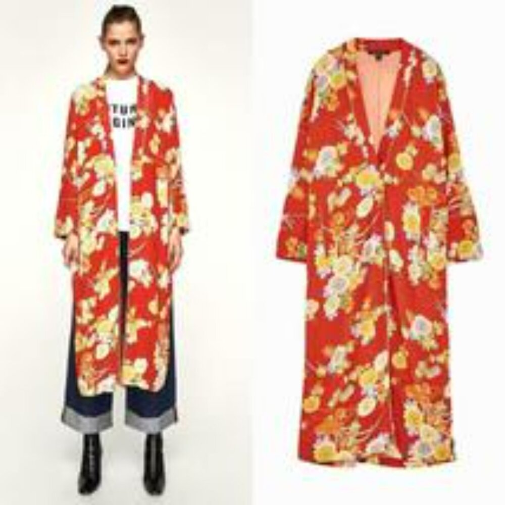 ZARA BOHO CORAL MAXI FLORAL PRINT KIMONO W/BUTTON +POCKETS SIZE S-M